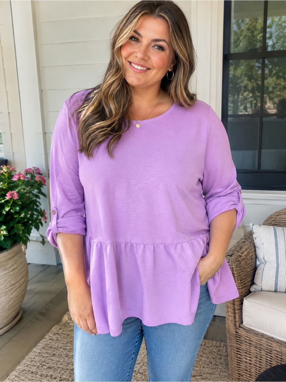 SIZE XL Denim & Co.® Women’s Purple Peplum Tunic Long Sleeve Cotton Blend Top